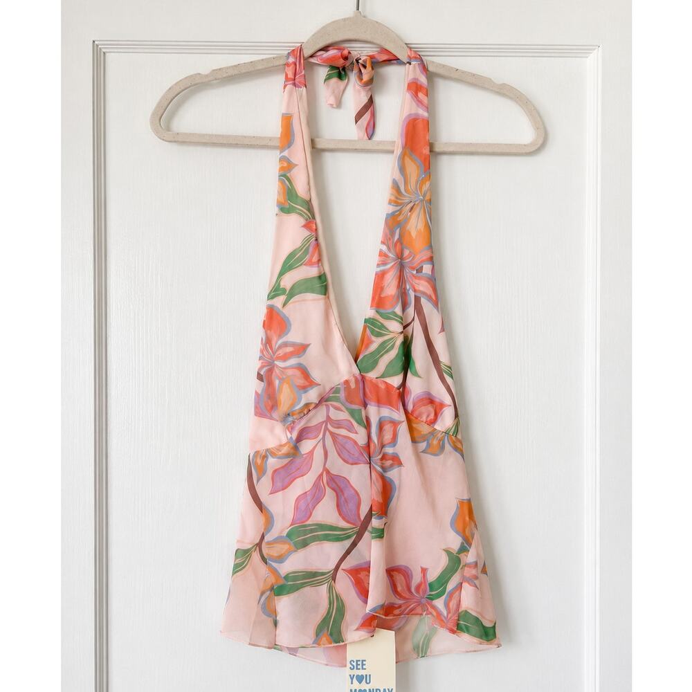See You Monday Floral Halter Top Women’s Large Pink Cowl Neck Y2K NWT